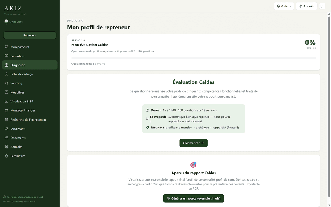 Écran de la plateforme — Questionnaire de profil