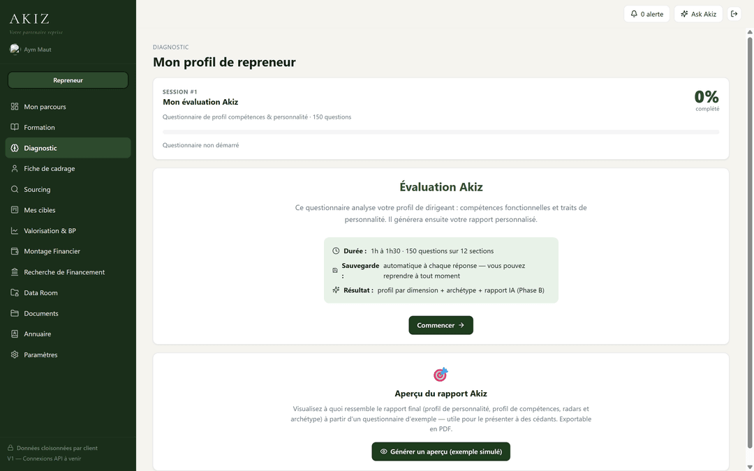 Écran de la plateforme — Questionnaire de profil